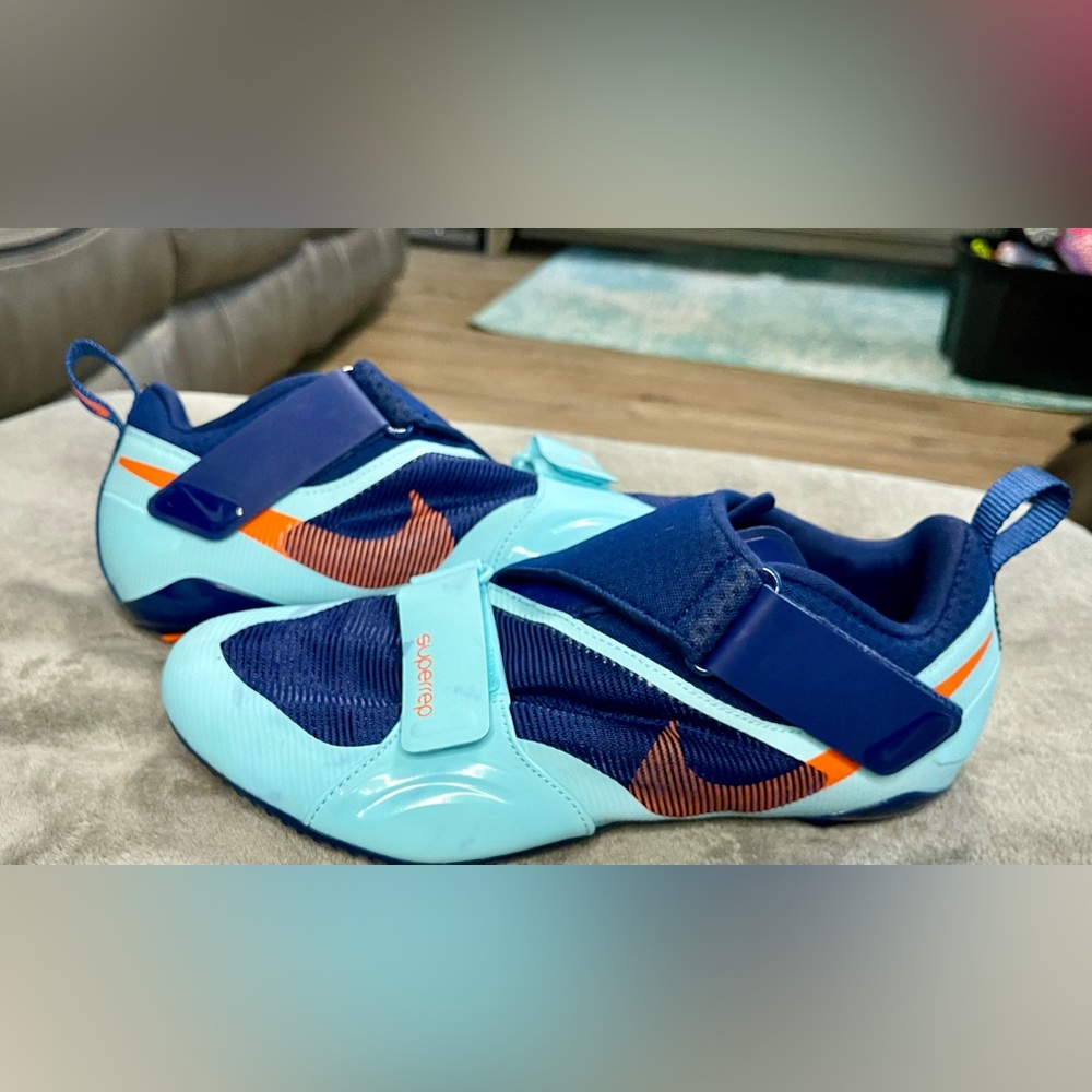 Nike SuperRep Cycling Shoes Men’s Cleats Blue and Teal with Orange Highlights - Picture 4 of 10